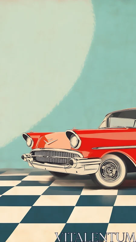 Classic red coupe parked on retro teal background floor.