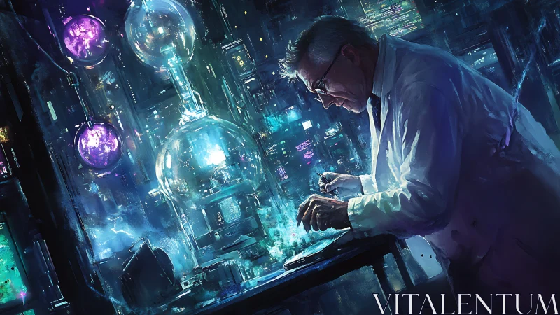 Elder scientist studies glowing lab device in neon lab.