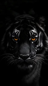 Close frontal view of tiger face in deep black surroundings.