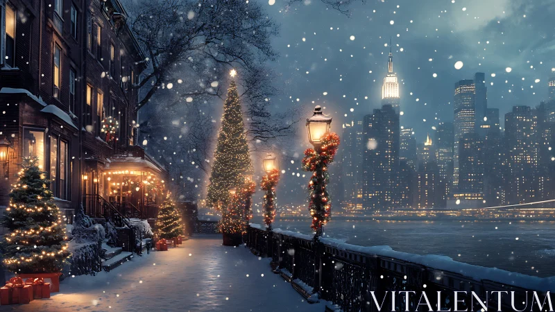 Cozy city waterfront glowing with magical holiday lights.