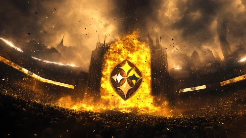 Inferno emblem ignites a colossal stadium of roaring fans.