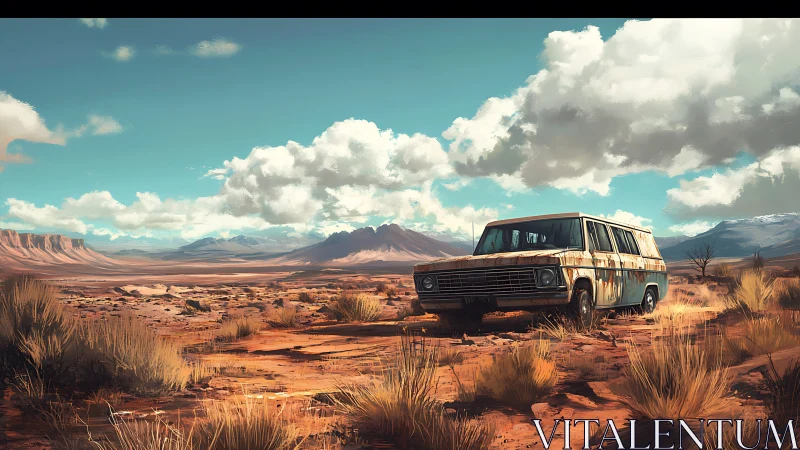 Rusting van under vast desert sky in digital artwork.