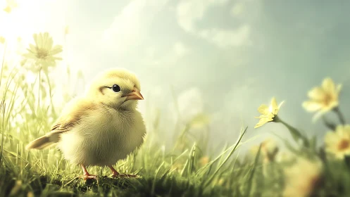 Young chick in grass with yellow flowers and soft natural light