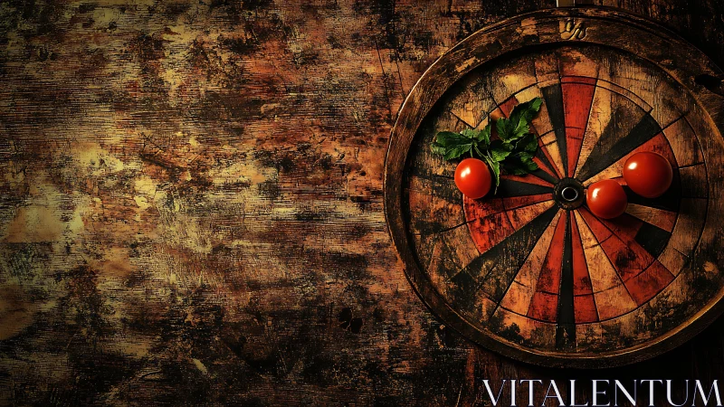 Rustic dartboard with tomatoes on worn wooden background.