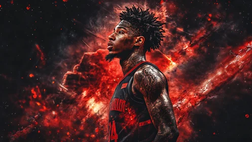 Starlit court warrior rising through a crimson nebula blaze.