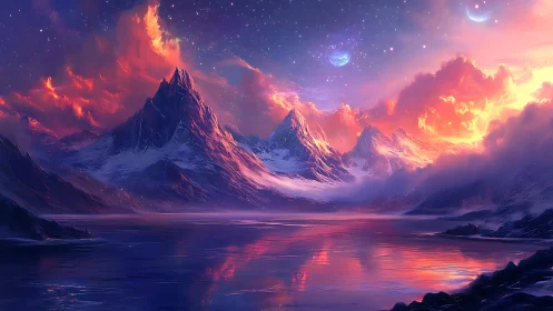 Twin moons ignite a celestial dawn over crystal peaks.
