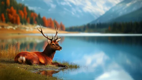 Gentle stag rests by a calm lake amid glowing autumn peaks
