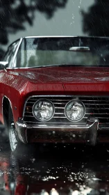 Red classic coupe front in cinematic rain close-up shot.
