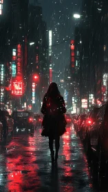 Silhouetted figure walks alone through rainy neon city street