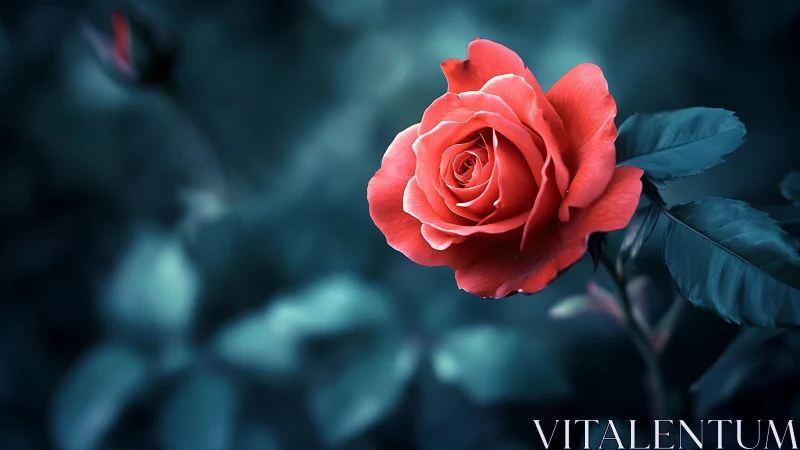 Red Rose Against Dark Teal Background.