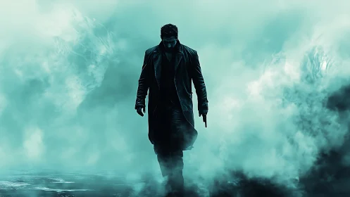 Solitary armed figure advances through cyan atmospheric haze
