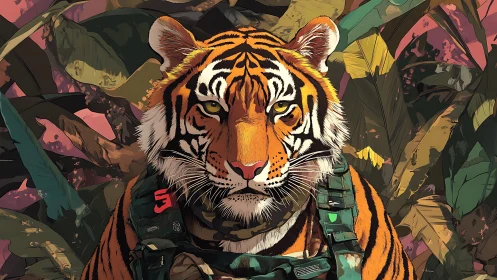 Tiger in tactical harness against stylized jungle foliage.