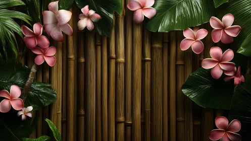 Pink plumeria flowers arranged on woven bamboo background with tropical foliage.