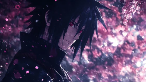 Moody anime portrait with rim lighting amid blurred sakura bokeh