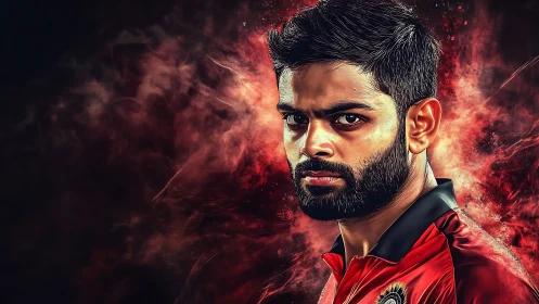 Intense cricketer portrait amid swirling red energy field