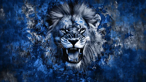 Roaring lion portrait on textured blue abstract background.