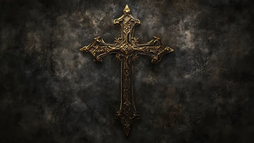 Golden ornate cross glowing softly on a weathered wall.