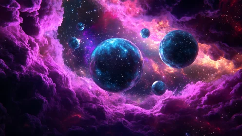 Cosmic nebula cradles glowing blue planets in deep space.