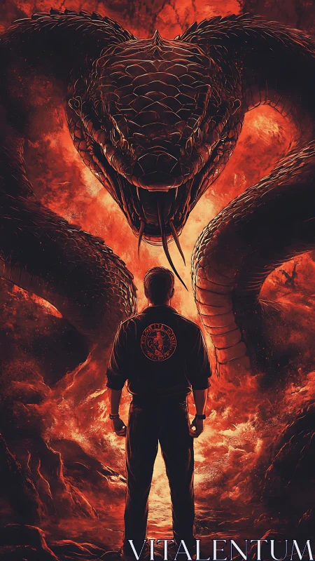 Digital painting of man confronting colossal serpent silhouette.