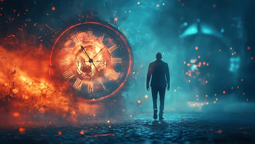 Midnight walker strides between burning time and cold neon