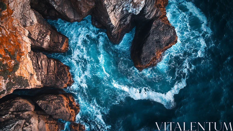 Turquoise surf carves rugged coastal cliffs from above.