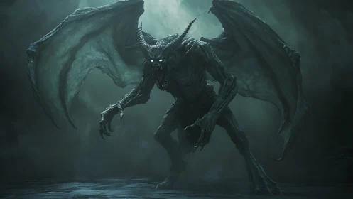 Nocturnal demonic gargoyle with bioluminescent eyes in mist