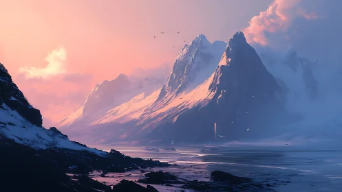 Sunlit icy peaks rise above a tranquil, misty shoreline