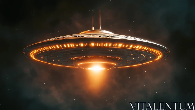 Disc-shaped spacecraft with illuminated rim hovering in space.