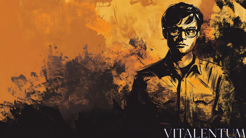 Male figure in glasses against abstract orange backdrop.