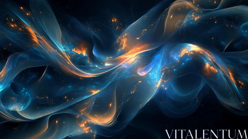Flowing blue and orange abstract energy waves artwork.