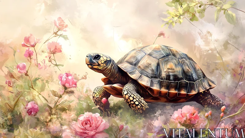Tortoise walking through pink flower garden in soft light.