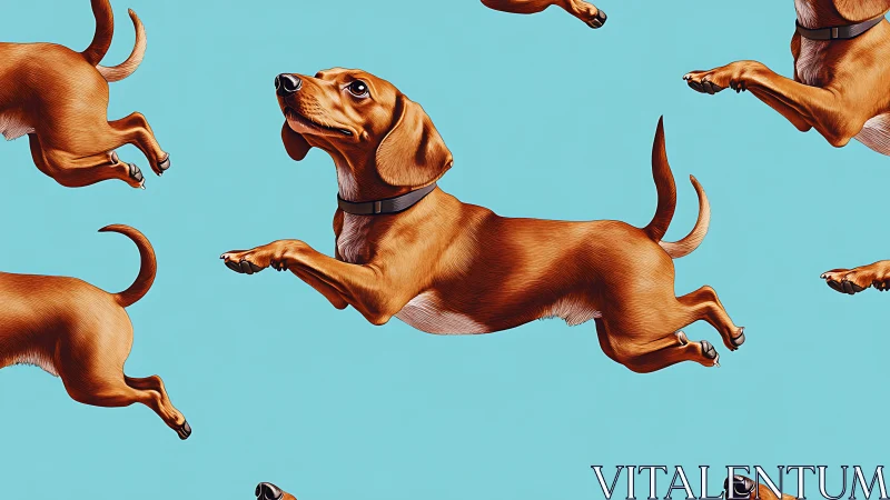 Seamless pattern of dynamically posed dachshunds on cyan ground