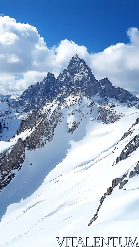 Photographic study of jagged alpine peak and snow basins.