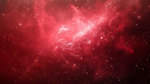Red nebula cloud spans star field with bright central glow