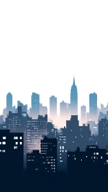 Minimalist dusk city skyline in layered geometric silhouettes.