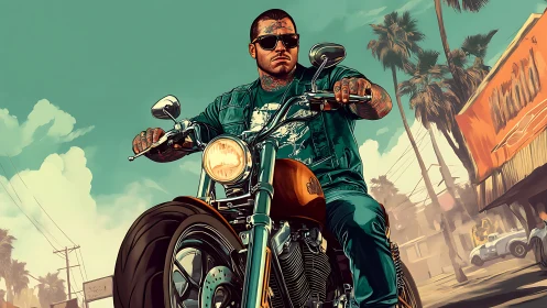 Sunburned highway outlaw rides chrome thunder downtown.