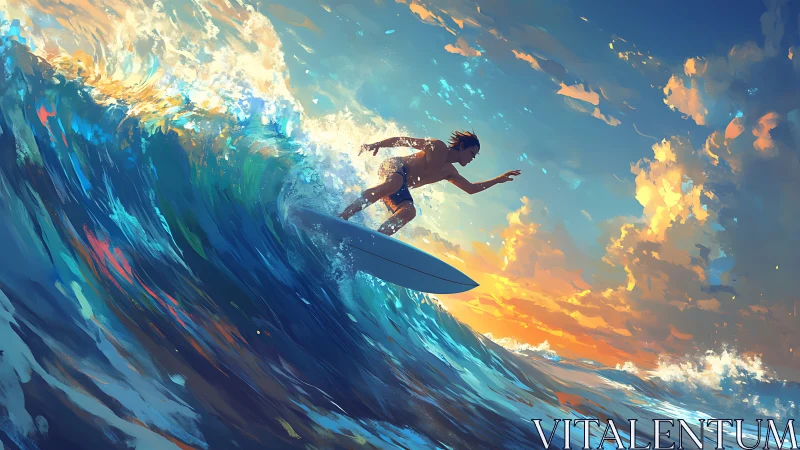 Surfer riding large wave under colorful sunset sky.