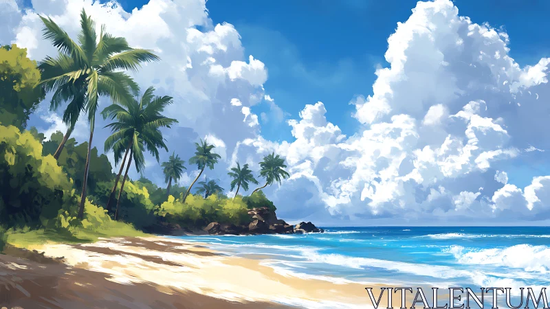 Tropical Beach Landscape with Palm Trees and Ocean Waves