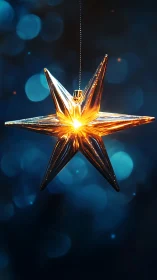 Golden glass star ornament glows over deep blue bokeh.