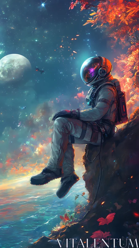 Solitary astronaut observes cosmic seascape in luminous dusk