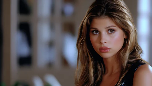 Portrait of young woman with blurred indoor background.