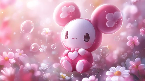 Pink chibi mascot cuddles heart toy in dreamy flower field.