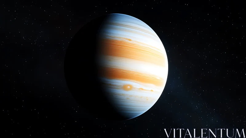 Gas giant planet with orange bands in deep space view.