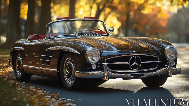 Autumn-bathed classic roadster purrs through golden leaves.