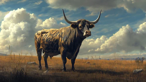 Longhorn cattle stands against vast stormlit prairie sky.