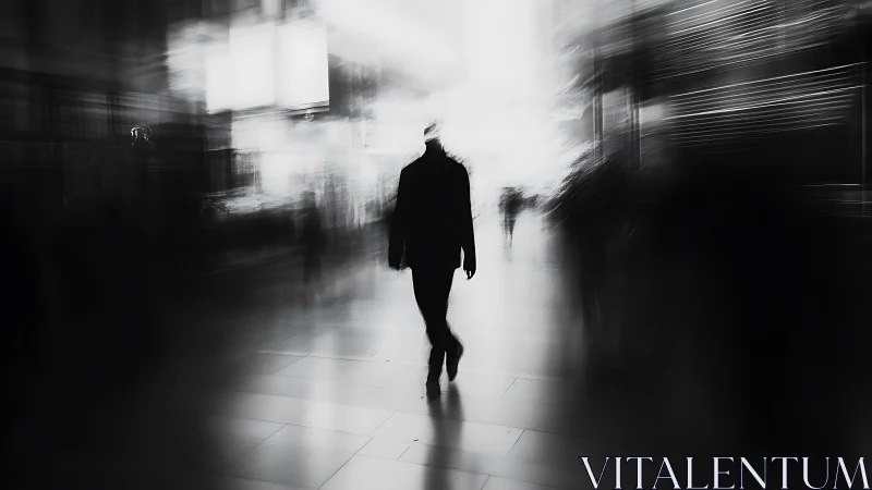 Silhouetted pedestrian moves through blurred urban corridor