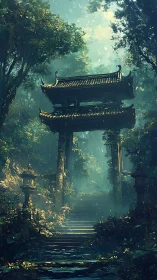 Misty forest shrine gate with ascending stone stairway at dawn.