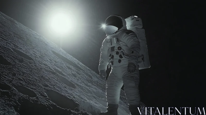 Backlit lunar astronaut rendered with high contrast directional lighting