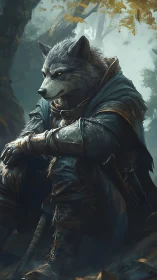 Lone armored wolf warrior rests in misty autumn forest.