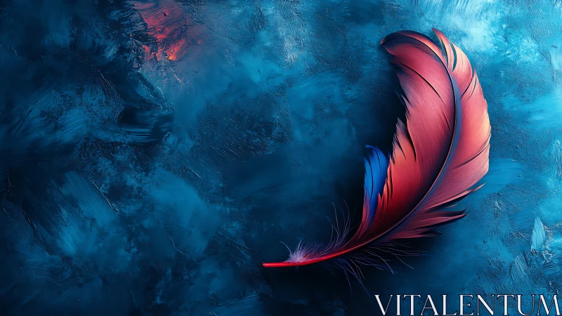 Vibrant red feather rests softly on deep textured blue